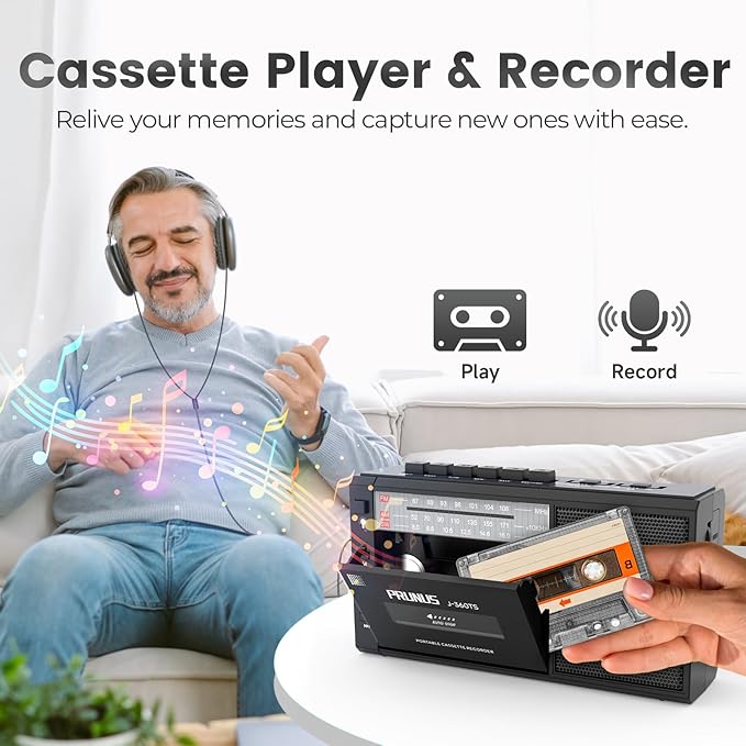 PRUNUS J-360 Cassette Tape Player Boombox with Solar/Rechargeable Battery Operated,AM FM Portable Radio,Bluetooth Tape Player Recorder,AUX/TF/USB Drive, Headphone Jack,Tape Recorder Cassette Player