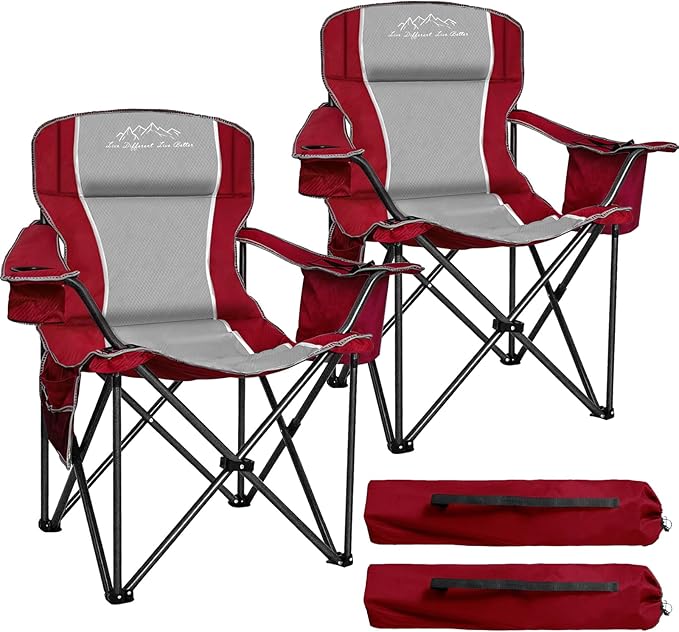 2PCS Folding Camping Chair Portable Outdoor Heavy Duty Padded Chairs Lawn Chair with Cup Holder, Storage Pocket and Cooler Bag, Supports 480LBS Red
