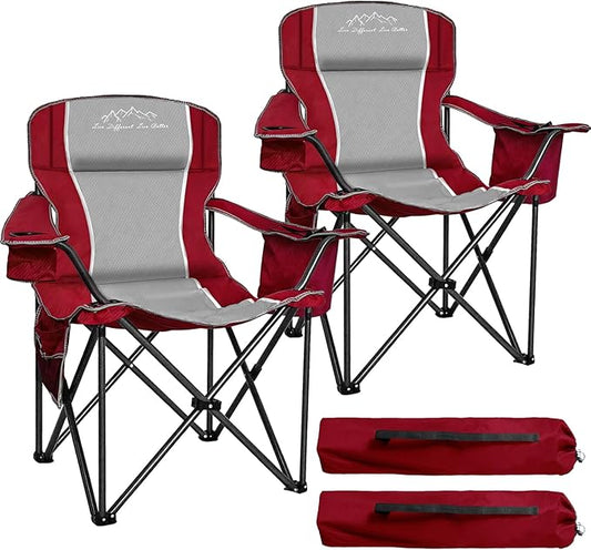 2PCS Folding Camping Chair Portable Outdoor Heavy Duty Padded Chairs Lawn Chair with Cup Holder, Storage Pocket and Cooler Bag, Supports 480LBS Red