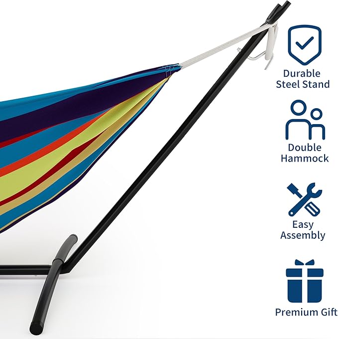 Double Hammock with Steel Stand - 2 Person Hammock Bed Indoor Outdoor, Brazilian-Style, with Carry Bag, 450lb Capacity, Portable & Easy Assembly, Tropical
