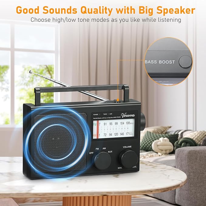Portable AM/FM Radio with Bass Control, Equipped with a Built-in high-Power Speaker, Headphone Jack, and AUX Audio Input, Supports Battery or AC Power Operation (Black)