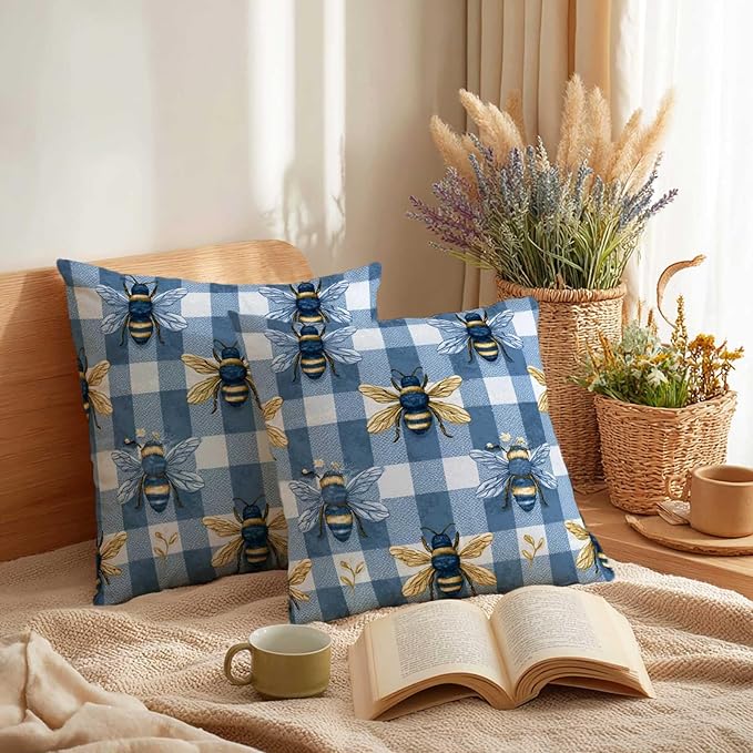 Farmhouse Bee Throw Pillow Covers 18x18 Set of 2 | Blue Gingham Rustic Cushion Covers | Vintage Honey Bee Decorative Pillow Cases for Couch, Sofa, Living Room and Bedroom