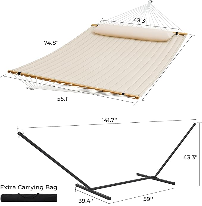 SUPERJARE Hammock with Stand, 2 Person Quilted Outdoor Hammock, Detachable Pillow & Bamboo Spreaders, Portable Hammock with Carrying Bag, Heavy Duty Stand, Perfect for Outside, Patio, Cream Beige