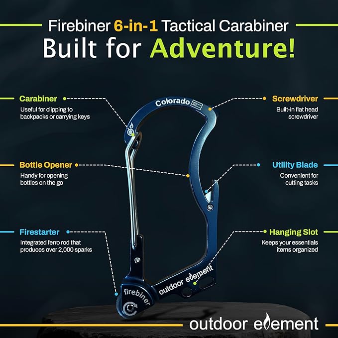 OUTDOOR ELEMENT Firebiner Custom Engraved 6-in-1 Fire Starter Carabiner Multitool – Survival Gear EDC Keychain with Utility Blade, Bottle Opener, Screwdriver, Emergency Tool
