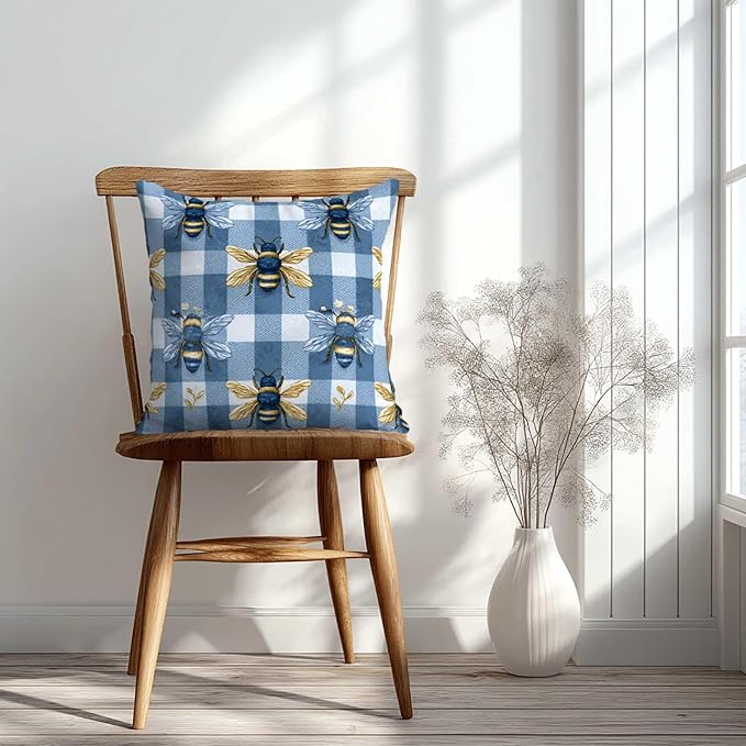 Farmhouse Bee Throw Pillow Covers 18x18 Set of 2 | Blue Gingham Rustic Cushion Covers | Vintage Honey Bee Decorative Pillow Cases for Couch, Sofa, Living Room and Bedroom