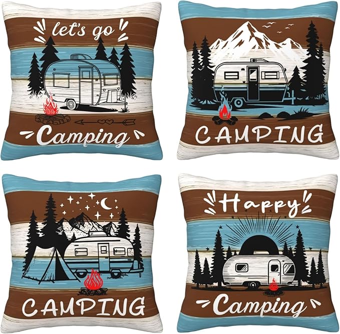 Camping Throw Pillow Covers 18 X 18 Inch Set of 4 Decorative Cushion Cover Home Decor for Sofa Chair Couch Bedroom Living Room