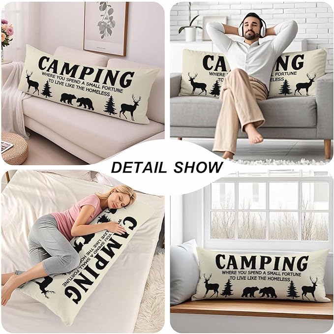 Funny Camping Body Pillow Cover Bear Deer Pine Trees Decorative Body Pillow Covers Long Pillow Cushion Case Zipper Body Pillowcase Soft Cushion Cover for Bedding,Couch,Home 20"X54"