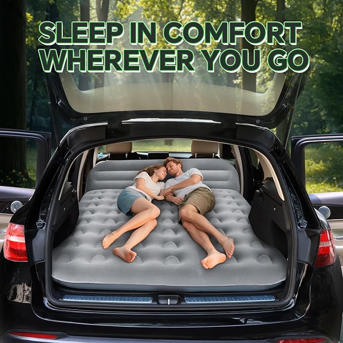 SUV Air Mattress,Thickened Flocked Camping Bed for Car,Includes Electric Pump & 2 Foot Pedals,Portable Inflatable car Mattress (Gray)