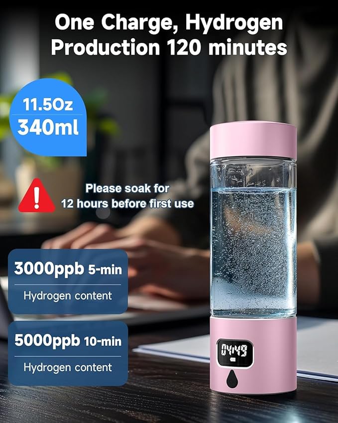 340ml Portable Hydrogen Water Bottle Generator with PEM-SPE Technology, Glass Exterior & Aluminum Shell, Produces 5000 ppb Hydrogen in 10 Minutes, for Home, Gym, Office & Travel