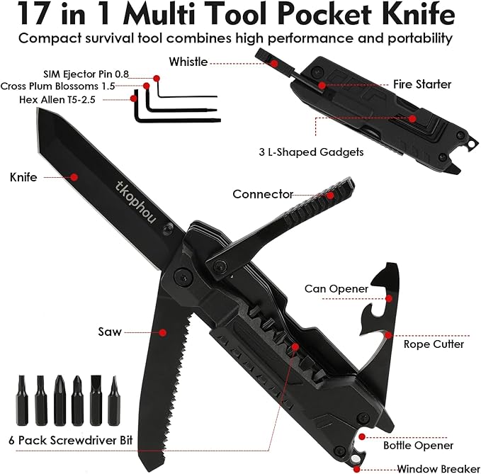 Multitool Knife, Multi Tool Pocket Knife for Men, 17-in-1 Folding Knife Camping Multitool for Hiking, Fishing, Survival, Men Gifts for Birthday Christmas