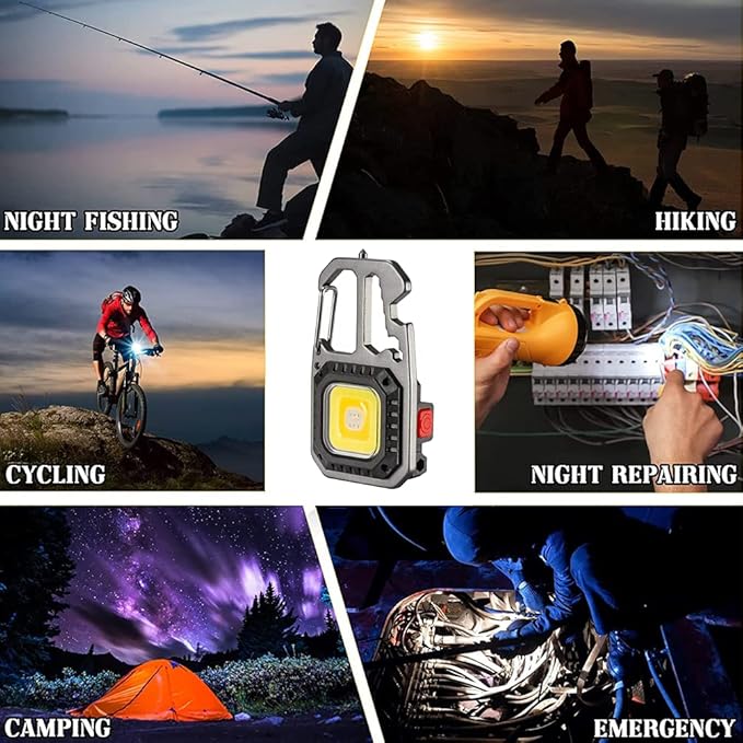 BY-J Cob Mini Flashlight Keychain Light, 500 Lumens Bright Rechargeable, Small Multi-Function Work Light, 7 Modes Portable Pocket Light Battery Display Bottle Opener for Camping Emergency Lighting