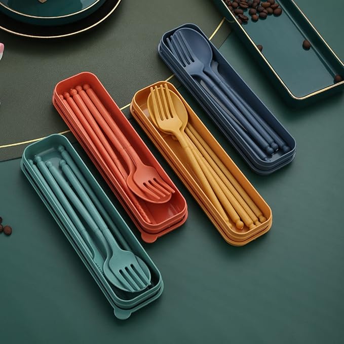 8-Color Wheat Straw Portable Utensil Set with Case – Reusable Travel Cutlery Set for Camping, Office, Picnic – Includes Spoon, Fork, Knife, Chopsticks