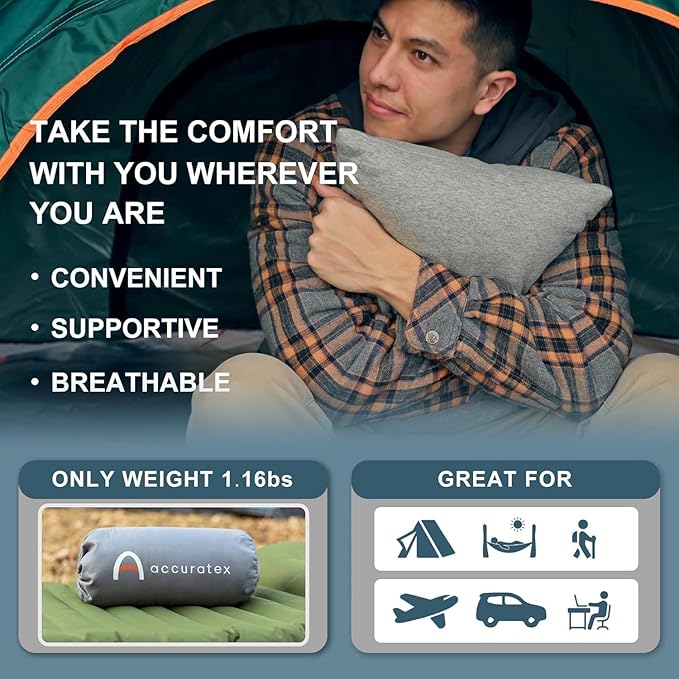 ACCURATEX Camping Pillow-100% Cotton Breathable Cover,Shredded Memory Foam Compressible Travel Pillow,Camping&Travel Accessories-Small Backpacking Pillow Camping Essentials for Sleeping