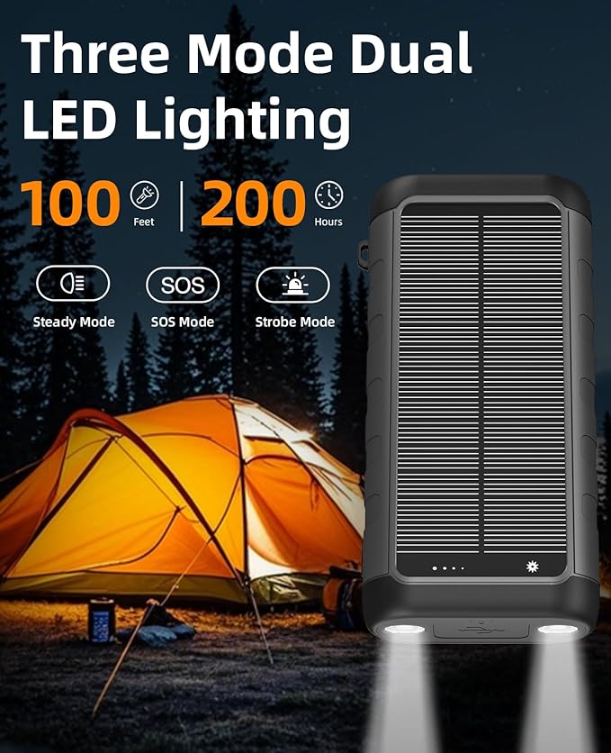 Solar Portable Charger Power Bank 59800mAh, Outdoor Waterproof Battery Pack, 3 Built in Cables & Hand Crank, 6 Outputs, 15W Wireless Charging, Emergency LED Flashlight for Camping Hiking Travel