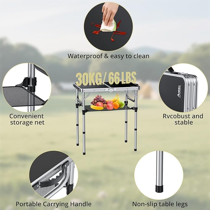 Anbte 2ft Folding Camping Table with Storage Net, 3 Adjustable Heights Small Folding Table Portable & Lightweight with Carry Handle, for Camping Fishing Picnic Beach Outdoor, 22.8"x 15.7", Silver