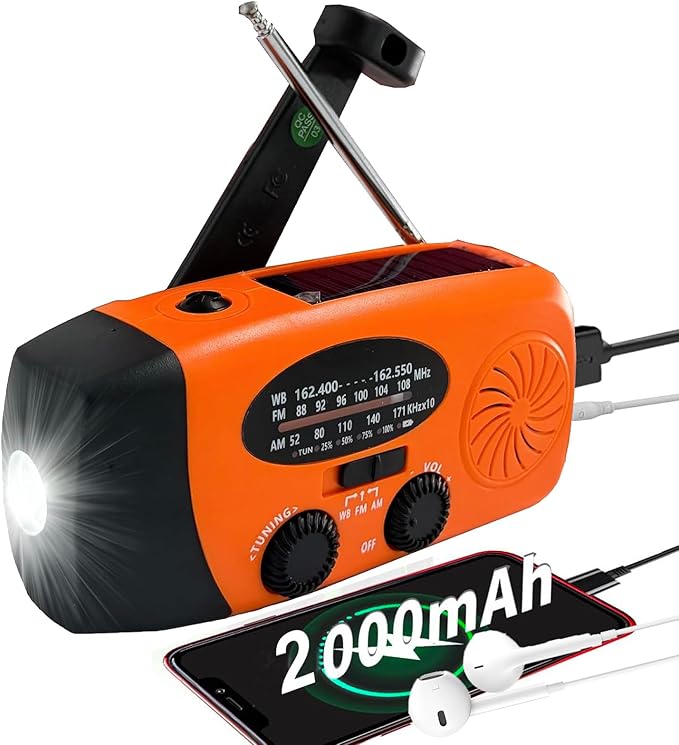 Emergency Weather Radio, 2000mAh Solar Hand Crank Portable AM/FM NOAA Radio, Battery Powered with Cell Phone Charger, LED Flashlight, SOS Alarm for Camping & Home Emergencies (Orange)