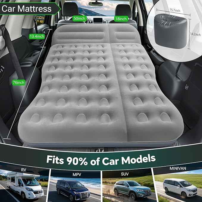 SUV Air Mattress,Thickened Flocked Camping Bed for Car,Includes Electric Pump & 2 Foot Pedals,Portable Inflatable car Mattress (Gray)