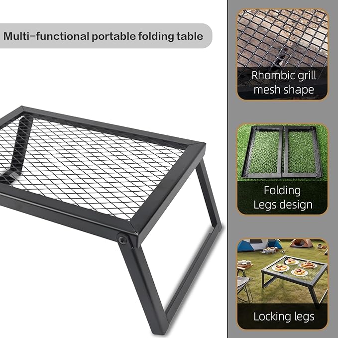 Extra-Thick Portable Folding BBQ Grill-Camping Iron Electrophoresis Rustproof Grill with Heat-Resistant Grid,Doublesas Dish Rack & CampTable(15.9''x11.8''x7.3'')