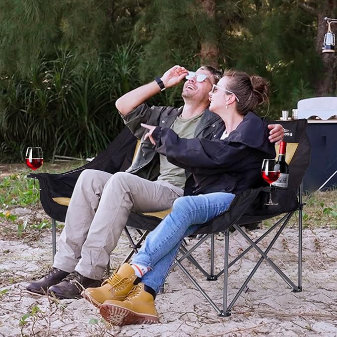 Bolosy Double Camping Chair Loveseat Camping Chair Double Folding Chair Camp Chairs for Adults Heavy Duty Two Person Camp Chair Padded Camping Couch 2 Person Lawn Chairs - Support 650 lbs - Khaki