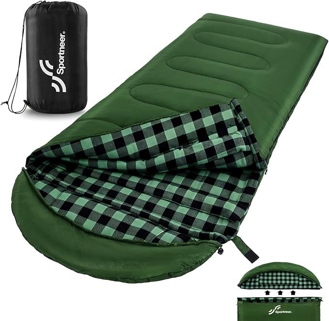 Sportneer 0 Degree Sleeping Bag for Cold Weather, XL Winter Sleeping Bag for Adults, Flannel Lined Camping Sleeping Bag, 32°F–59°F Rated, 87" x 33.5", 4.4 lbs, Detachable Hood, Compression Sack