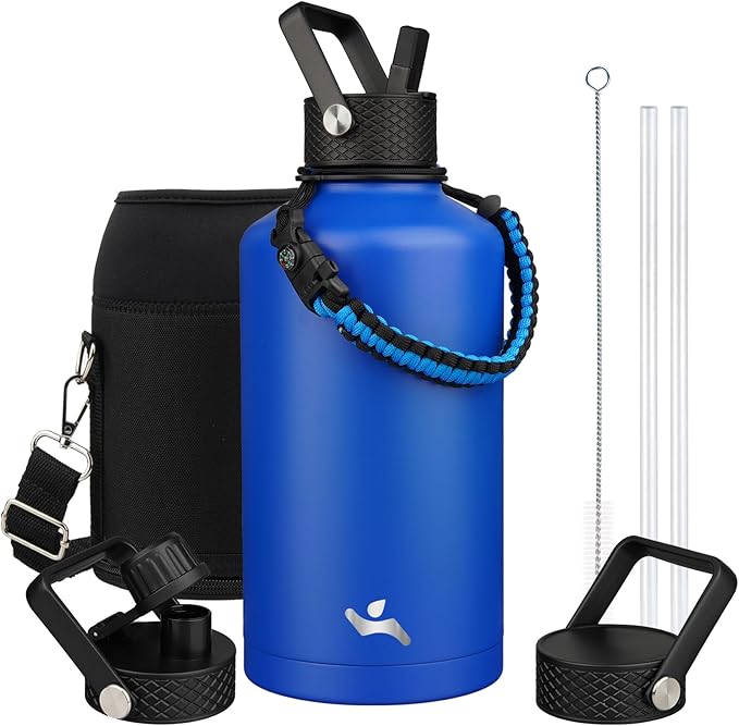 Konokyo Insulated Water Bottle with Straw,87 oz 3 Lids Water Jug with Carrying Bag,Paracord Handle,Double Wall Vacuum Stainless Steel Metal Flask,Blue