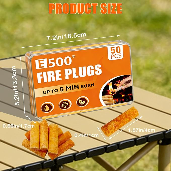 E500 Fire Plugs, 50 Pack Waterproof Fire Starter Plugs, Long Burning & Easy Ignition for Camping, Emergency Preparedness, Fire Pits & Grills