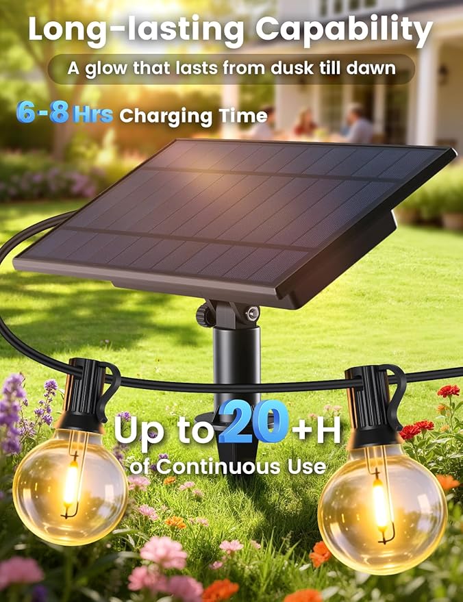 Brightever G40 Solar String Lights Outdoor with Remote, 200FT 72+2 LED Shatterproof Bulbs, Dimmable & Timable, 3 Lighting Modes, Waterproof Solar Power Outdoor Lights for Patio, Market, Wedding