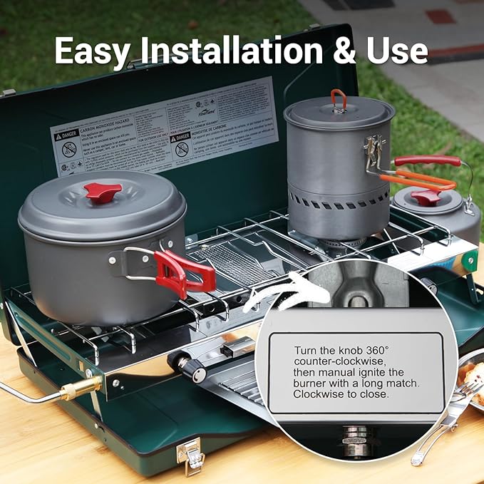 FineFlame Camping Stove, 3 Burners Propane Portable Camp Stove with Regulator, Push-Button Instant Ignition, Adjustable Burners & Wind Guards for Car BBQ Picnics Outdoor Cooking (GREEN-20400 BTUs)