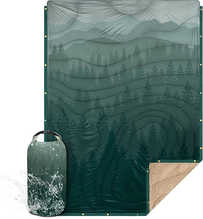 Outdoor Camping Blanket with Sherpa Lining, Extra Warm Thick Camp Blankets and Puffy Ultralight Soft Poncho DWR Camping Quilt for Cold Weather, Adventure, Sleeping, Backpacking 78"x 56"