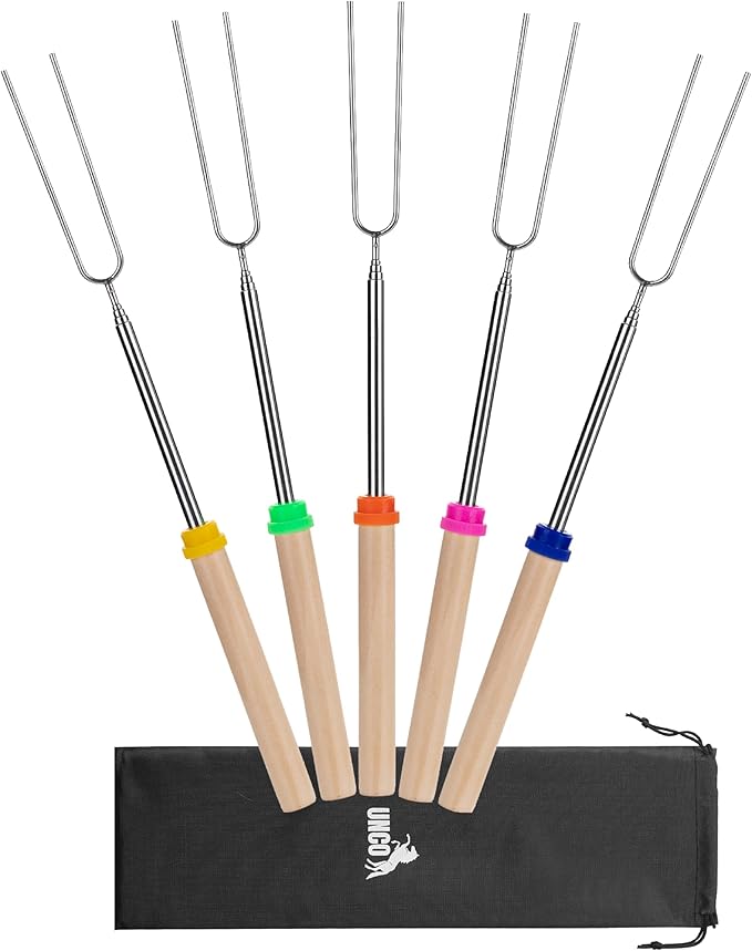UNCO- Marshmallow Roasting Sticks, 32", 5 Pack, Extendable Stainless Steel Smores Sticks for Fire Pit, Smores Skewers, Campfire Cooking Equipment