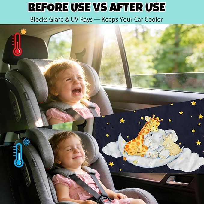 Car Window Shade for Baby, 2 Pack Double Layer with 7 Strong Magnets, Cute Giraffe & Star Design Baby Sun Shade for Car Window, Adjustable Blackout & See-Through Privacy Curtains UV Protection