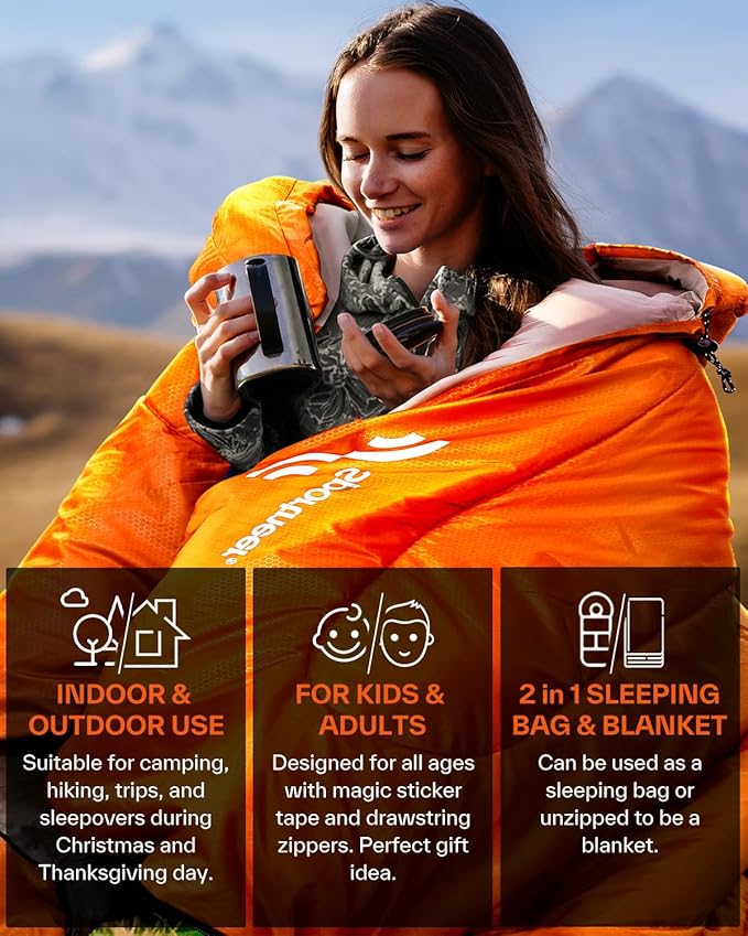 Sportneer Sleeping Bag, 3 Seasons Warm Cold Weather Sleeping Bags for Adults Kids Boys Girls with Compression Sack- Lightweight Camping Essentials Gear Accessories, Backpacking, Hiking