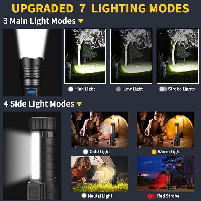 ZioeYiue Rechargeable Flashlights High Lumens, 7Mode Flashlights Rechargeable, Super Bright Flashlight Camping, Adjustable Tactical Flash Light High Powered, LED Flashlight for Home Emergency 4Pack