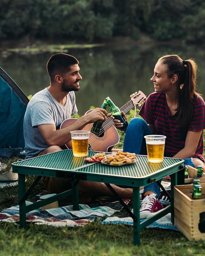 Small 2ft Folding Table with Carry Handle, Adjustable Height 10.6" or 22", Green Metal Mesh, Portable & Compact Indoor/Apartment/Card/Side/Grill Table, 23.6"Lx15.8"W, Lightweight 4 lb, 66 lb Capacity