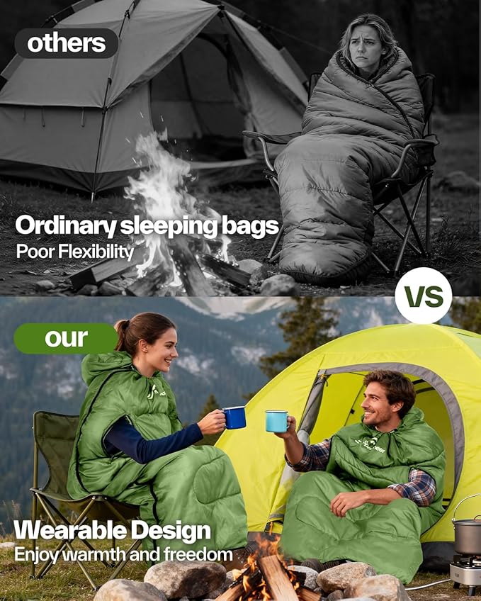 Sportneer Wearable Sleeping Bag for Adults & Kids – Walkable with Arm Zippers, Warm Weather & Cold Waterproof, Compact for Camping, Stadiums, Travel, Backpacking & Car Use
