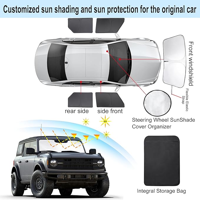 5PCS Windshield Sun Shade Custom Fit for 2021-2024 2025 Ford Bronco Accessories(Not for Bronco Sport) Foldable Sunshade Side Rear Window Shade Cover Full Set Privacy Protection