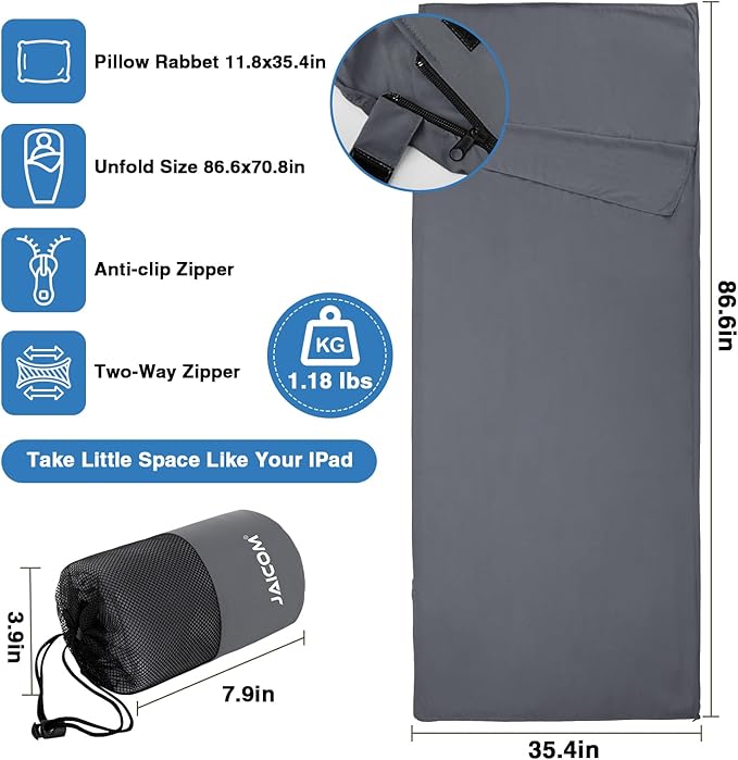 JAICOM Sleeping Bag Liner, Travel Sheets & Adult Sleep Sack, Ultralight and Portable Summer Sleeping Bag - Ideal for Backpacking, Hotels and Hostels, Business Trips, Camping