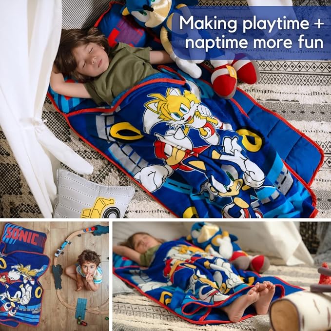Sonic The Hedgehog 21"(W) X 45"(L) Soft Toddler Nap Mat with Pillow and Blanket Perfect for Preschool, Daycare, and Travel (100% Official Licensed Product)