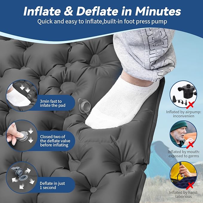 HiiPeak Double Sleeping Pad - Self Inflating 3" Extra-Thick for 2 Person with Pillow Built-in Foot Pump Inflatable Sleeping Mat for Backpacking, Hiking, Traveling, Tent, Portable Camping Mat (Gray)