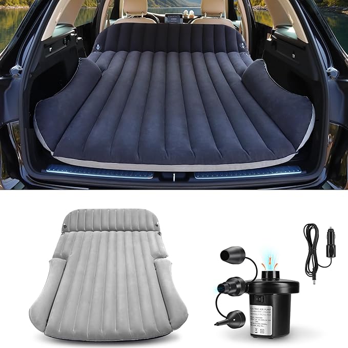 Ciremiv SUV Air Mattress with Double-Sided-Thick Flocked,Car Mattress with Pump & Pillow,Leakproof Durable Car Air Mattress,Car Bed for Auto Camping,Road Trip，Double-Sided Flocking（Black+Grey）