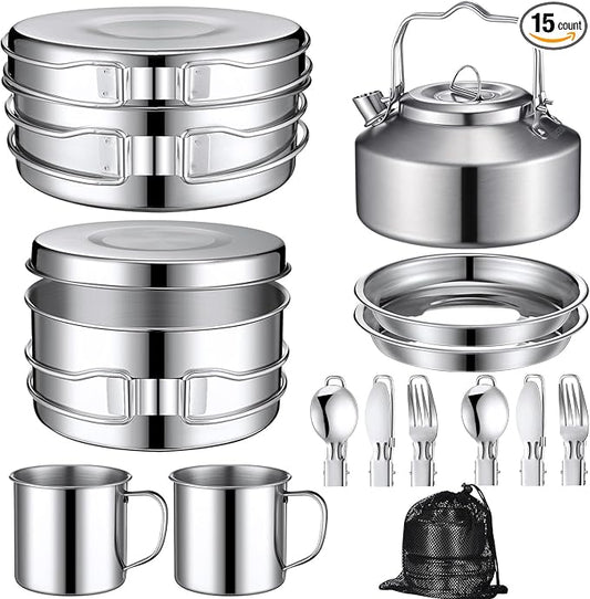 Funnymoom 15 Pcs Camping Cookware Mess Kit Outdoor Cooking Set Stainless Steel with Pot and Pan Kit 2 Set Stainless Steel Cups Plates Forks Knives Spoons for Camping Backpacking Cooking Picnic
