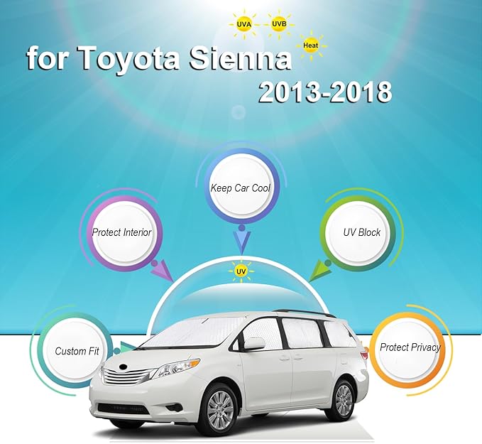 KMF 8pcs Full Sun Shades Custom for Toyota Sienna 2013-2018 Accessories, Sienna Sunshade Car Window Covers for Windshield Side Rear, Sun Visor UV Block and Blackout Privacy for Camping Outdoor