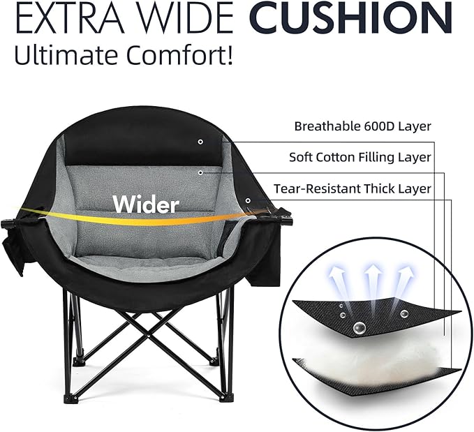 Oversized Camping Chair for Adults - Heavy Duty Outdoor Padded Large Lawn Camp Chair with Cup Holder Cooler Pockets for Sports Beach Fishing Garden Portable Supports 500lbs, Black/AllBlack 2 Pack
