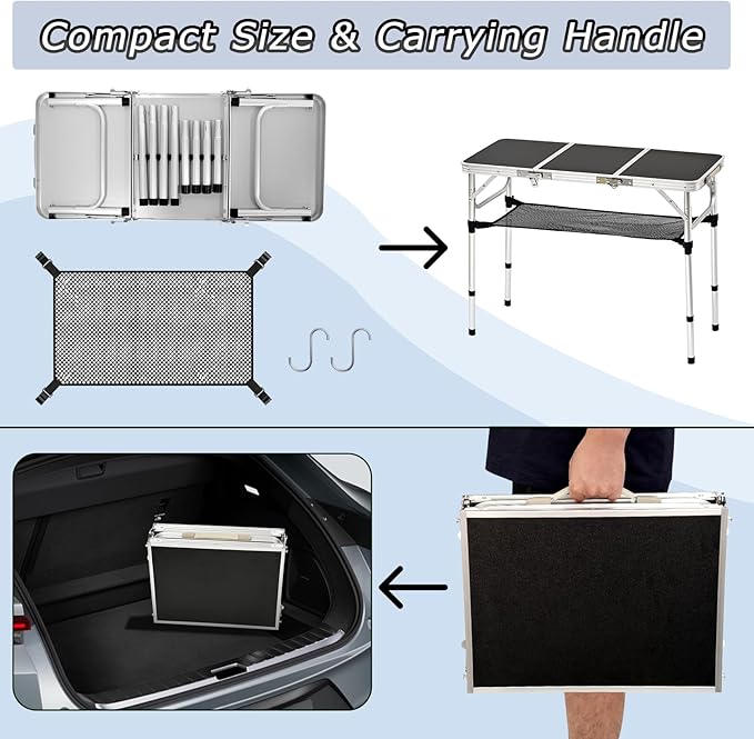 YihuiKo 3 ft Folding Table, Folding Camping Table with Storage Net, Lightweight Portable Aluminum Foldable Table with Adjustable Height Max 27.5 Inch Outdoor Table for Picnic Travel, Black