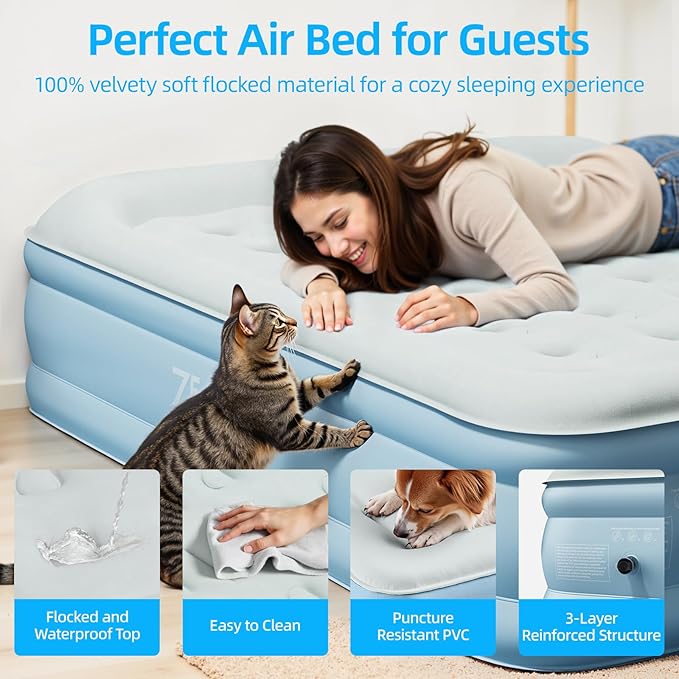 Zearna Air Mattress Queen with Built in Pump, Blow Up Mattress 18 Raised Comfort, Upgraded Surface Portable Air Bed with Pillow, Inflatable Mattress for Camping, Home and Guest, 650 lbs Max