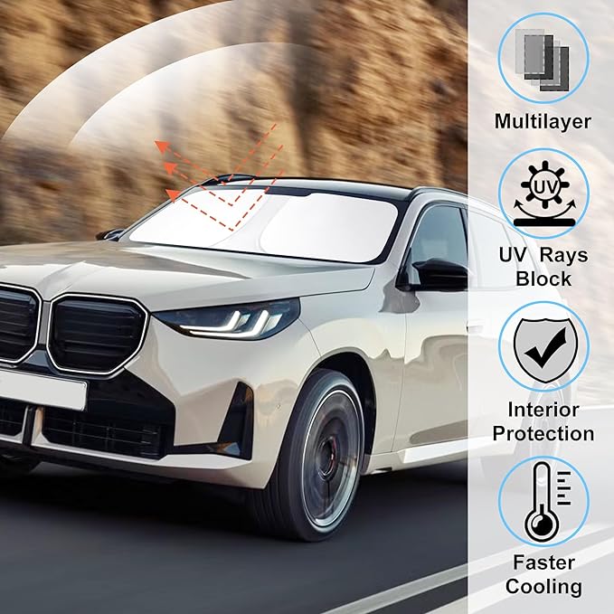 Windshield Sun Shade Custom Fit 2025 2026 BMW X3 Accessories Foldable Sunshade Front Window Shades Covers Protect Car from Sun Rays & Heat Damage Keep Car Cooler