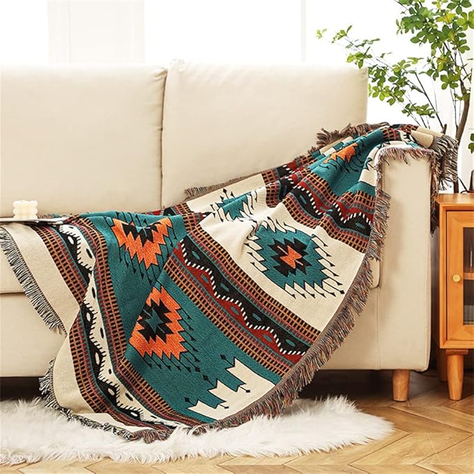 Homesy Boho Throw Blankets Southwestern Bed Throws Cover Reversible Green Aztec Southwest Blanket for Couch Chair Sofa Home Outdoor Beach Car Tent Travel Camping 63"x87"