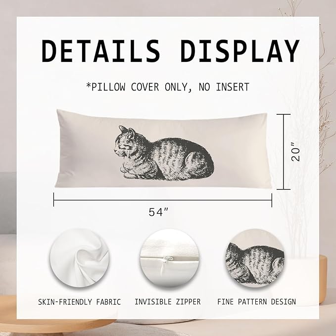 Retro Cat 20x54 Body Pillow Cover, Cat Decor for Home, Gifts for Cats Lovers Women Decorative Long Body Pillow Cases for Bed Couch