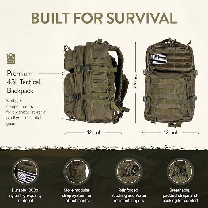 TacPreps 72-Hour Survival Kit | Emergency Bug Out Bag with First Aid, Water Filter, Food, Tools | 45L Tactical Backpack for Camping, Hiking, Outdoor Emergency Preparedness