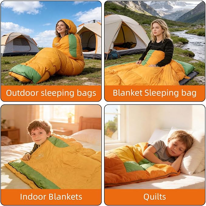 3-in-1 Down Sleeping Bag for Adults with Detachable Hood, 32°F 45°F Rectangular Lightweight Down Blanket Sleeping Bag for Camping Hiking and Backpacking Outdoor and Indoor 4 Season